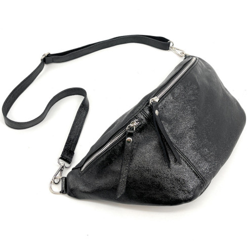 Grand sac banane femme tendance en cuir porté à la taille et croisé noir irisé