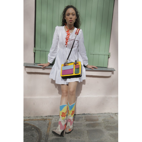 Sac à main femme cartable en patchwork de cuir lisse multicolore fabriqué en Italie