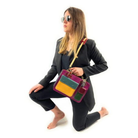 Sac femme en patchwork de cuir lisse multicolore bleu pur vachette italien