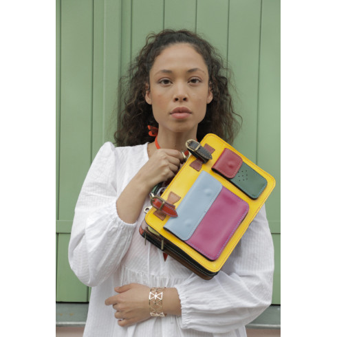 Sac cartable original en patchwork de cuir lisse multicolore