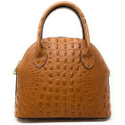 Sac à main femme tendance en cuir italien effet croco porté main épaule de travers et bandoulière cognac