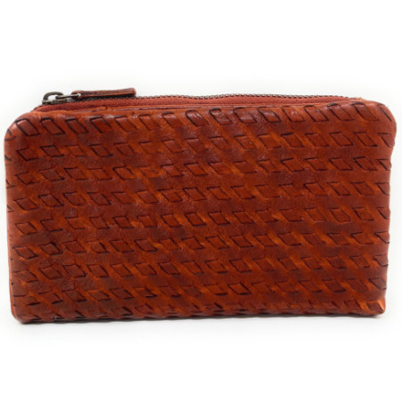 Portefeuille tendance femme en cuir italien tressé porté main orange patiné