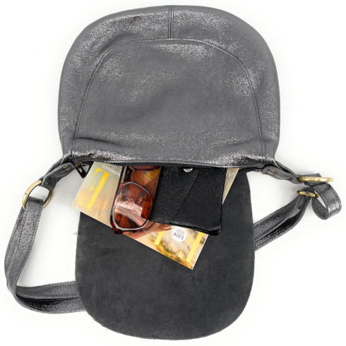 Sac femme tendance en cuir grainé porté épaule avec bandoulière réglable argent foncé