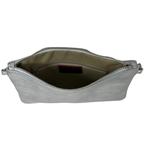 Sac pochette femme tendance en cuir grainé irisé porté main épaule de travers et bandoulière argent foncé