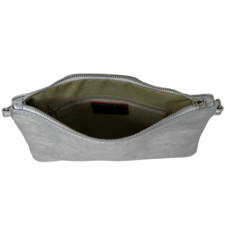 Sac pochette femme tendance en cuir grainé irisé porté main épaule de travers et bandoulière argent foncé