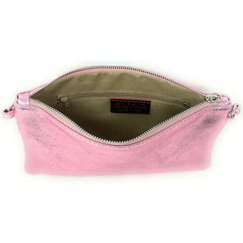 Sac pochette femme tendance en cuir irisé porté épaule avec bandoulière amovible rose irisé
