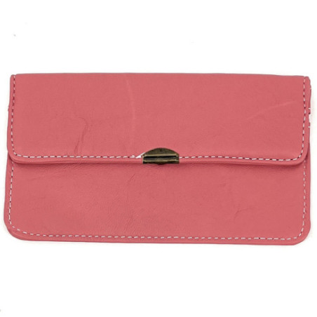 Pochette porte-monnaie tendance femme en cuir lisse porté main rose corail