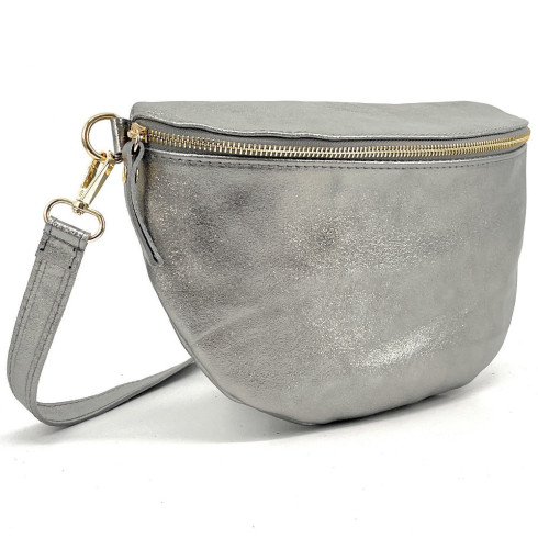 Sac banane en cuir argenté pour femme avec bandoulière fabriqué en Italie