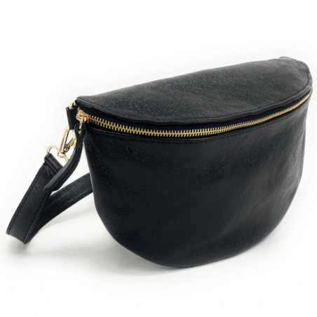 Sac banane femme en cuir noir irisé pur de vachette avec bandoulière amovible fabriqué en Italie
