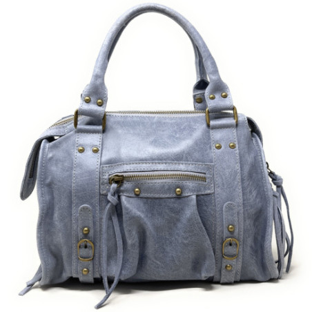 Sac à main femme tendance en cuir italien brossé porté épaule avec bandoulière amovible bleu ciel
