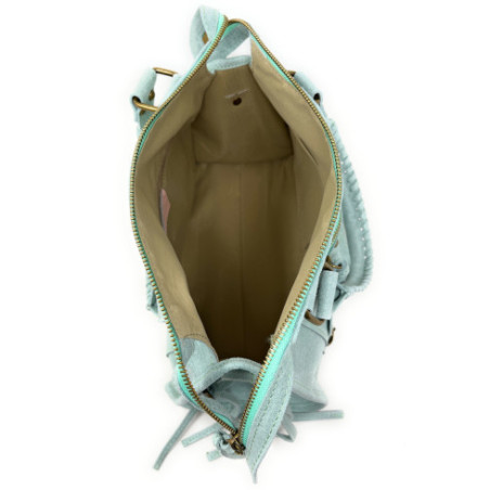 Sac à main tendance femme en cuir italien brossé porté épaule avec bandoulière amovible vert d’eau