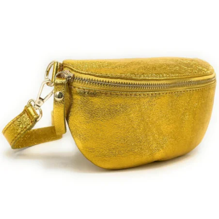 Sac banane mode femme en cuir irisé italien porté à la taille avec bandoulière réglable jaune moutarde irisé