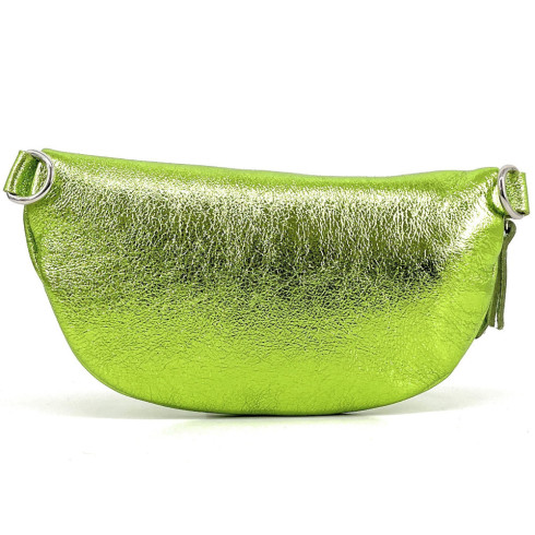 Sac banane tendance femme en cuir italien irisé porté de travers vert anis irisé