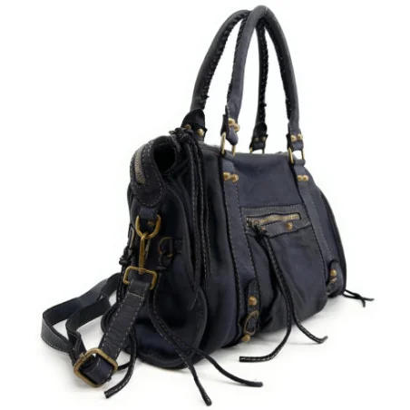 Sac à main en cuir vintage femme tendance pur vachette porté épaule avec bandoulière bleu nuit sac de cours