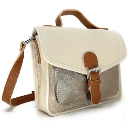 Sac bandoulière femme tendance en cuir irisé et cuir grainé porté main et bandoulière beige