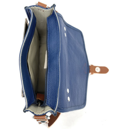 Sac cartable mode femme en cuir grainé italien et cuir irisé porté de travers et bandoulière bleu moyen