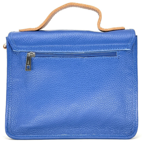 Sac cartable mode femme en cuir grainé italien et cuir irisé porté de travers et bandoulière bleu roi