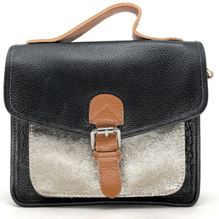 Sac bandoulière mode femme en cuir grainé italien porté main et bandoulière noir