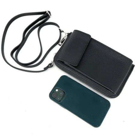 Mini-sac pochette cuir grainé femme pur de vachette haut de gamme noir avec bandoulière