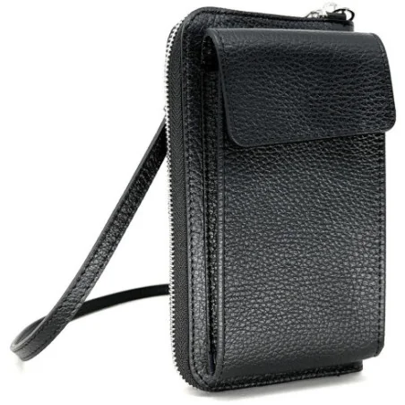 Mini-sac pochette tendance pour femme en cuir grainé noir pur vachette fabriqué en Italie avec bandoulière