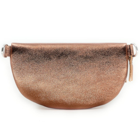 Sac tendance femme type banane en cuir irisé italien porté à la taille bronze avec bandoulière amovible