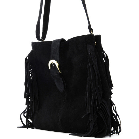 Sac très tendance femme en véritable cuir nubuck porté épaule et bandoulière noir mini sac