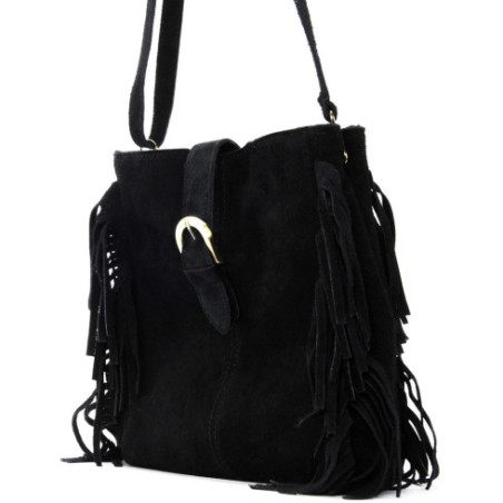 Sac très tendance femme en véritable cuir nubuck porté épaule et bandoulière noir mini sac