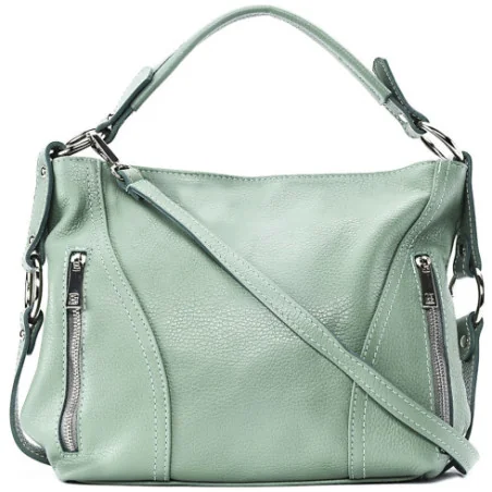 Sac mode femme en cuir grainé porté main épaule et bandoulière vert d’eau sac hobo tendance