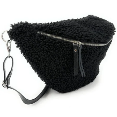 Sac banane femme mode en cuir et peluche porté crossbody avec bandoulière amovible noir
