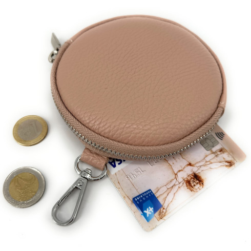 Porte clés porte-monnaie tendance femme en cuir italien grainé porté main rose nude porte carte