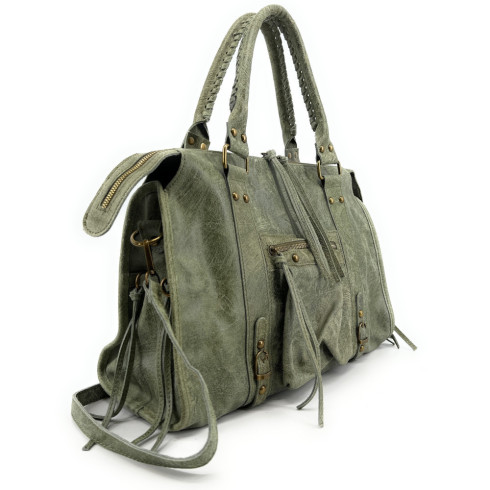 Sac à main tendance femme en cuir à motif effet brossé porté main et de travers kaki clair