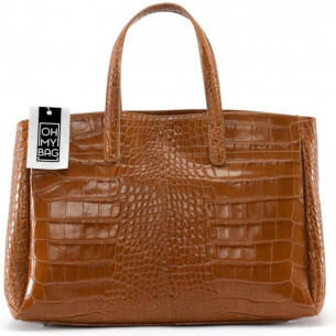 Sac cabas femme tendance en cuir porté main et bandoulière cognac foncé