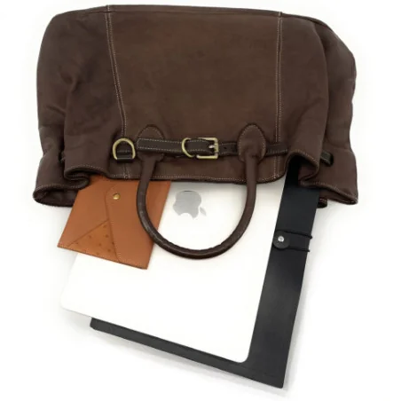 Cabas sac shopping en cuir femme vintage souple tannage végétal couleur choco avec bandoulière amovible