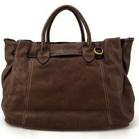 Cabas pour femme en cuir vintage souple tannage végétal pur de vachette avec bandoulière amovible couleur marron chocolat