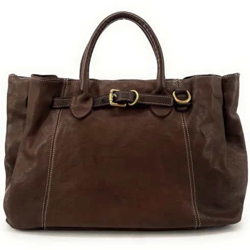 Sac cabas en cuir souple vintage grande taille tannage végétal pur de vachette avec bandoulière amovible marron choco