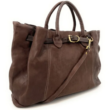 Grand sac cabas femme en cuir vintage souple tannage végétal pur vachette couleur chocolat avec bandoulière amovible