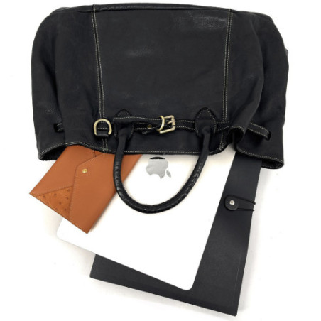 Sac à main cabas en cuir pour femme vintage souple tannage végétal couleur noir avec bandoulière amovible