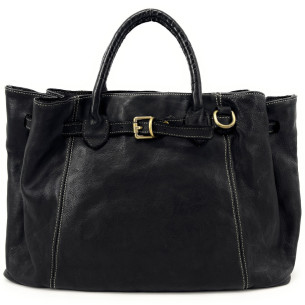 Sac à main cabas femme en cuir vintage souple tannage végétal pur de vachette avec bandoulière amovible noir