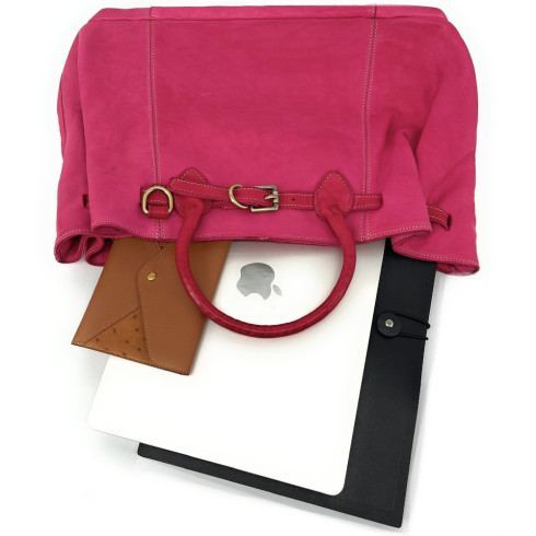 Sac à main shopping femme en cuir vintage souple tannage végétal avec bandoulière amovible cabas couleur fuchsia