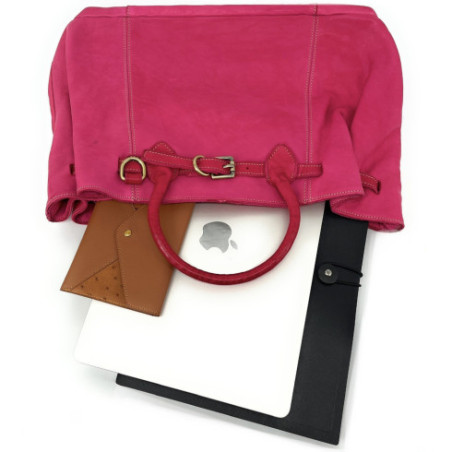 Sac à main shopping femme en cuir vintage souple tannage végétal avec bandoulière amovible cabas couleur fuchsia