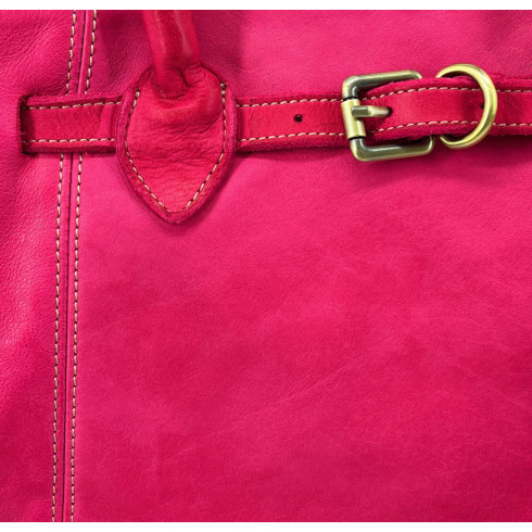 Grand sac cabas femme en cuir vintage rose fuchsia tannage végétal avec bandoulière amovible