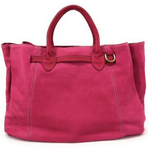 Sac à main cabas femme en cuir souple vintage tannage végétal pur de vachette rose fuchsia avec bandoulière amovible