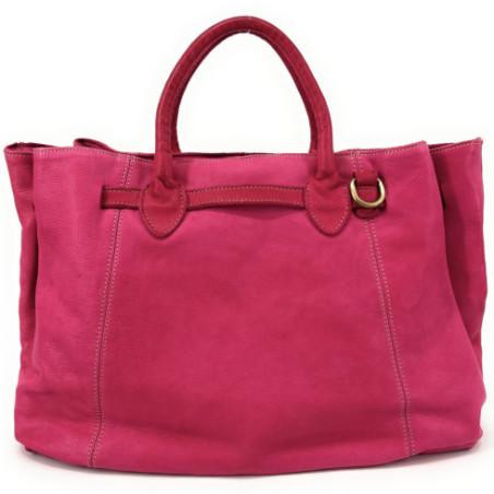 Sac à main cabas femme en cuir souple vintage tannage végétal pur de vachette rose fuchsia avec bandoulière amovible