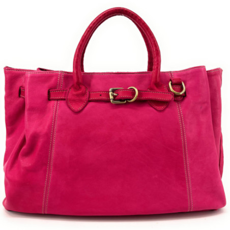 Grand sac à main cabas pour femme en cuir souple délavé tannage végétal pur de vachette avec bandoulière amovible rose fuchsia
