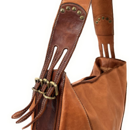 Sac hobo en cuir femme en cuir souple pleine fleur pur vachette tannage végétal marron camel foncé avec anse amovible