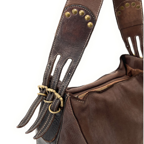 Sac à main en cuir femme hobo pleine fleur souple délavé tannage végétal marron chocolat avec anse amovible