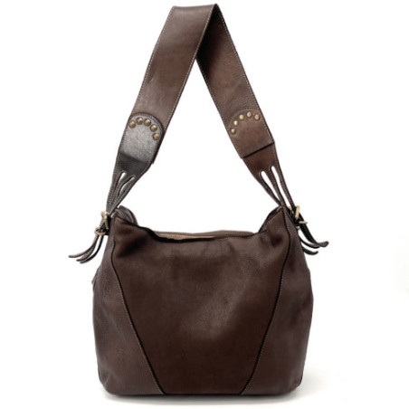 Sac hobo pour femme en cuir souple vintage tannage végétal avec bandoulière amovible marron chocolat