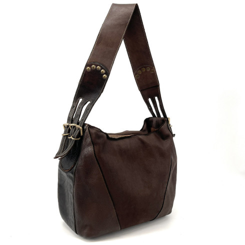 Sac à main forme hobo en cuir vintage pour femme vachette tannage végétal avec anse amovible couleur chocolat