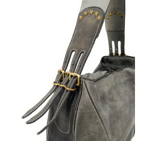 Sac en cuir femme forme hobo souple vintage tannage végétal gris pigeon avec bandoulière amovible