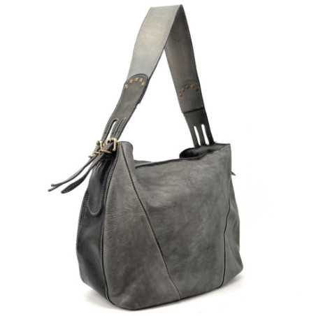 Sac à main femme hobo en cuir vintage pur de vachette tannage végétal avec anse amovible couleur gris